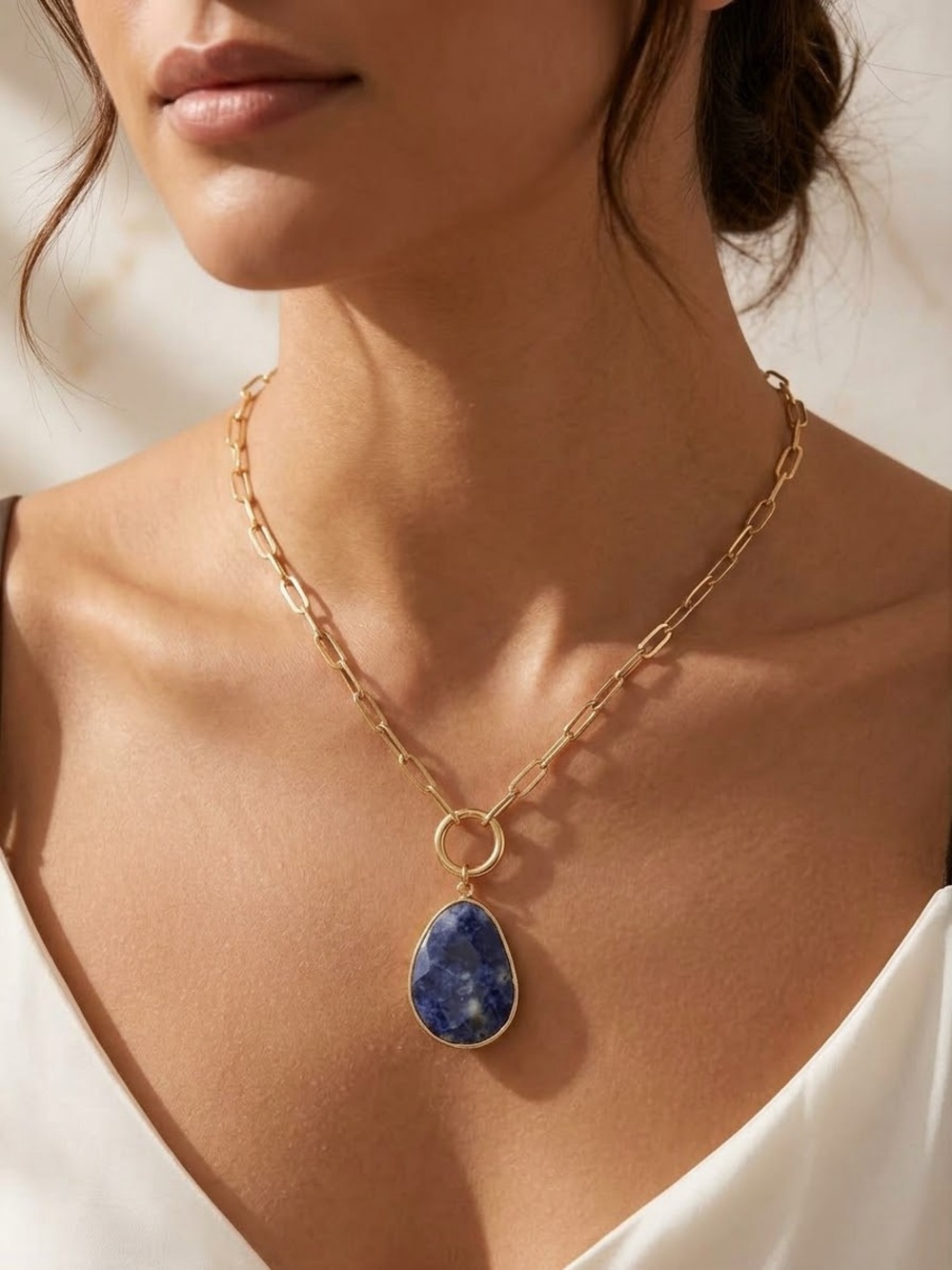 New Gold Filled Paper Clip Necklace and Carabiner- Blue Stone Pendant